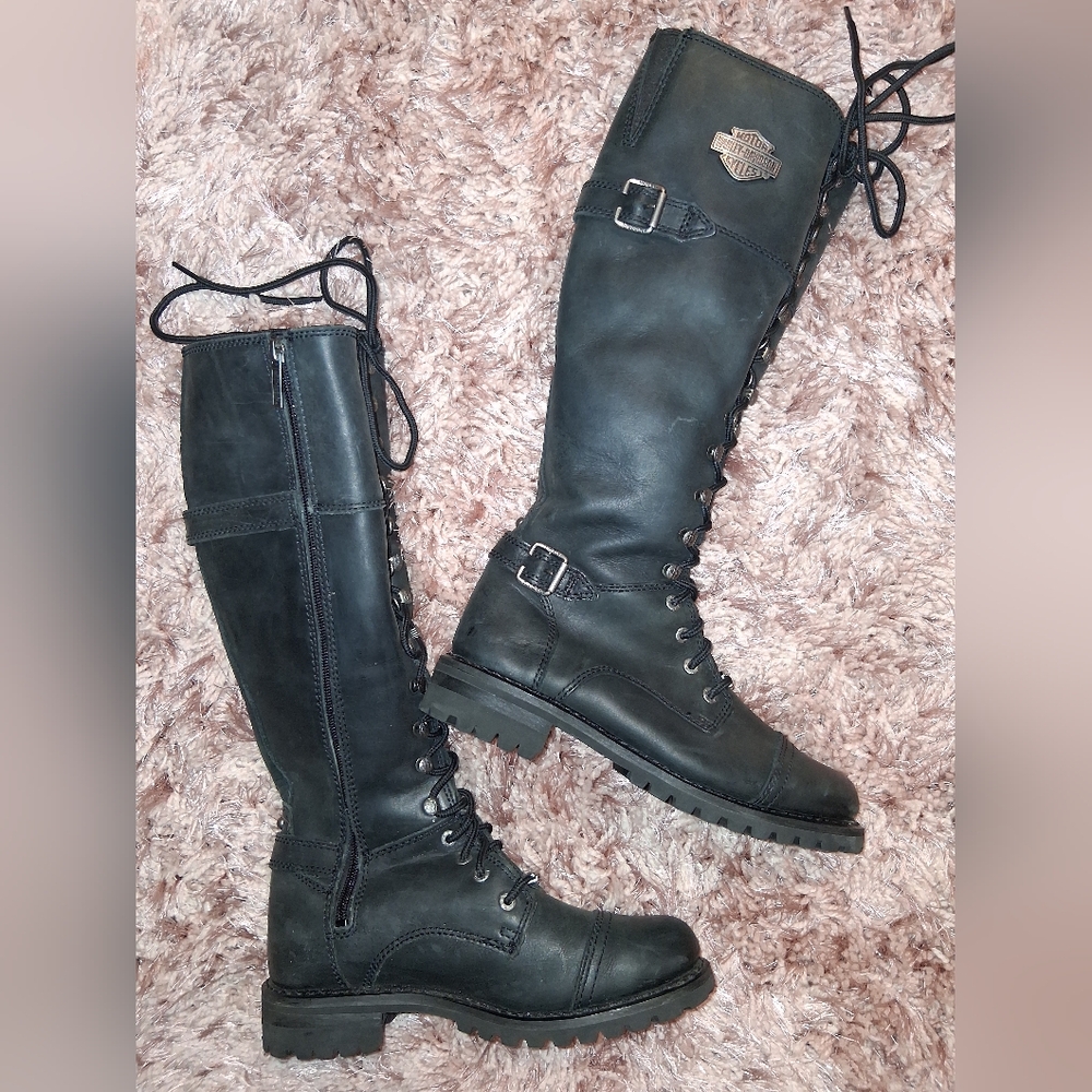 Harley-Davidson Women’s Knee High Leather Biker Boots Lace Up Zip Size 8